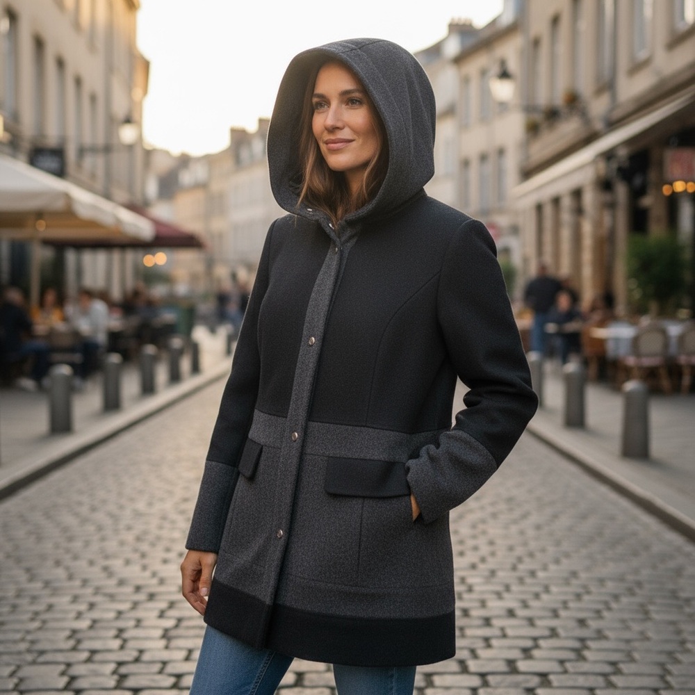 GUESS Womens Medium Charcoal Black Wool Blend Hooded Coat
